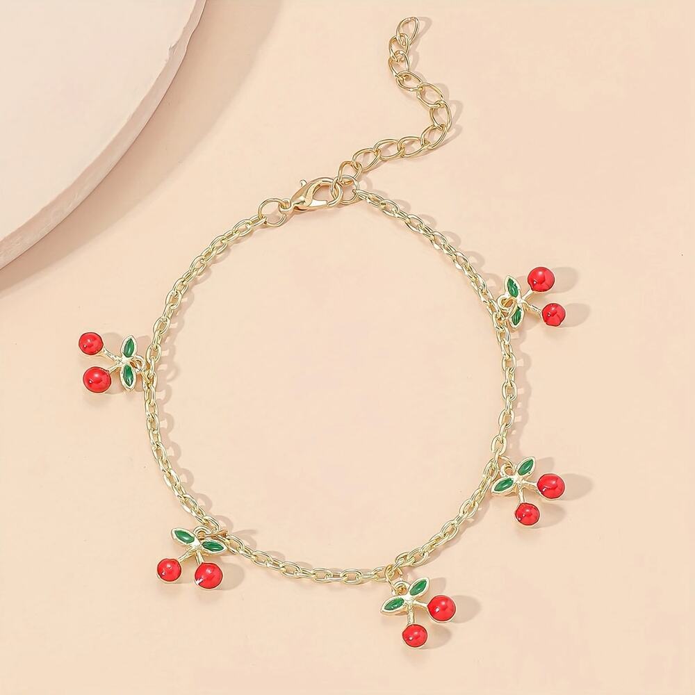 NEW Gold Anklet w/ Cherry Charms, Y2K cherry jewelry, Cherry bomb, Retro jewelry - Picture 2 of 4